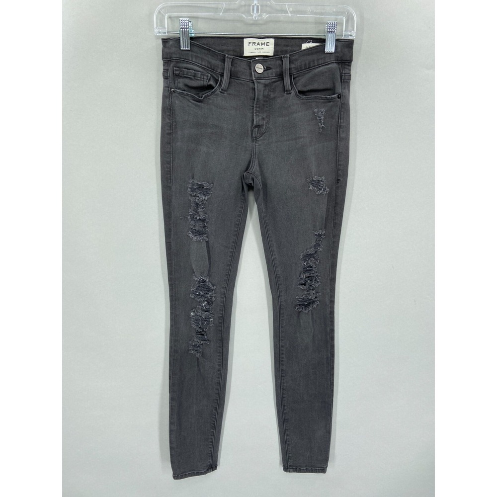 FRAME Jeans 26 Le Skinny Black Distressed Ankle St Quentin Slash Ripped Designer